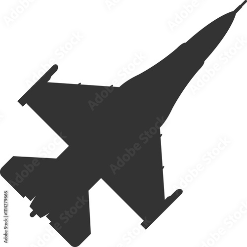 lack silhouette of a F16 fighter jet top view icon.