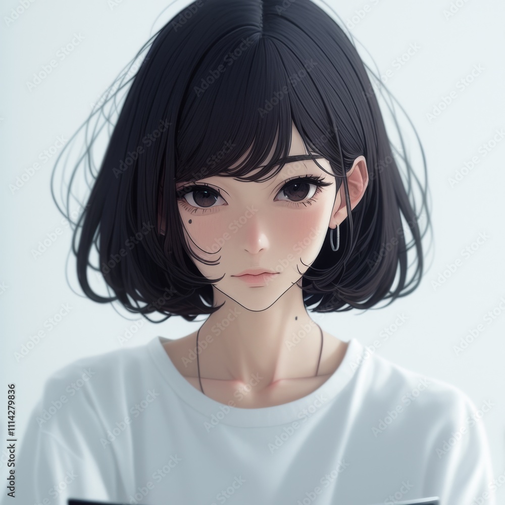 Serene Anime Girl Portrait with Short Dark Hair Serene Anime Girl Portrait with Short Dark Hair
