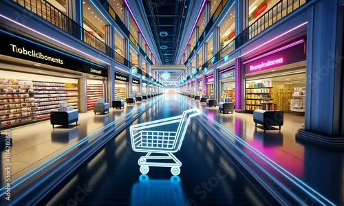 Virtual Reality E-Shopping Cart in Cyberspace Mall with Bright Neon Lighting and Digital Overlay Icons
