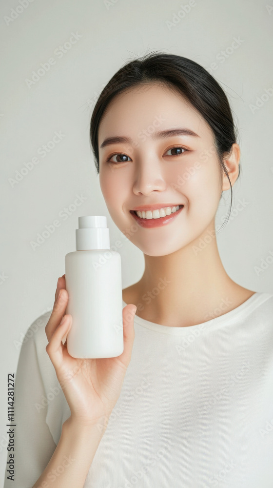 Radiant beauty concept with model holding luxury skincare bottle for wellness and self-care promotion Radiant beauty concept with model holding luxury skincare bottle for wellness and self-care promotion