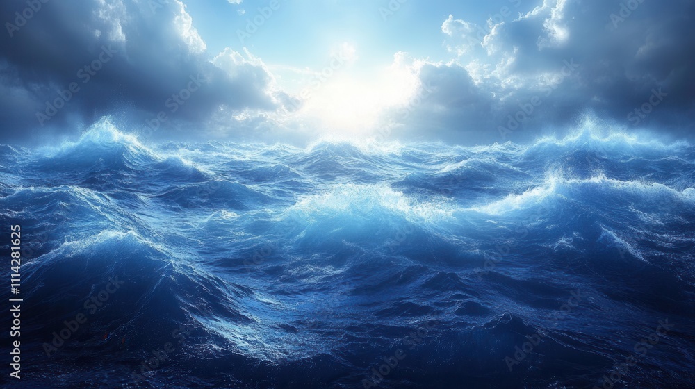 Dramatic Ocean Waves Under Bright Sunlight and Cloudy Sky Dramatic Ocean Waves Under Bright Sunlight and Cloudy Sky