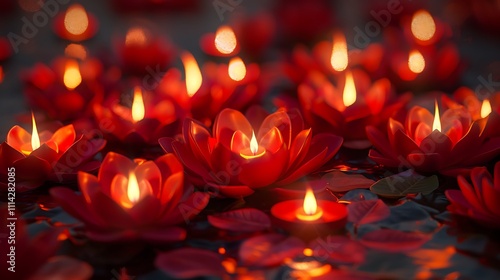 A celebration of diwal shows a cluster of red lotus blossoms with lighted candles in the middle of each blossom photo