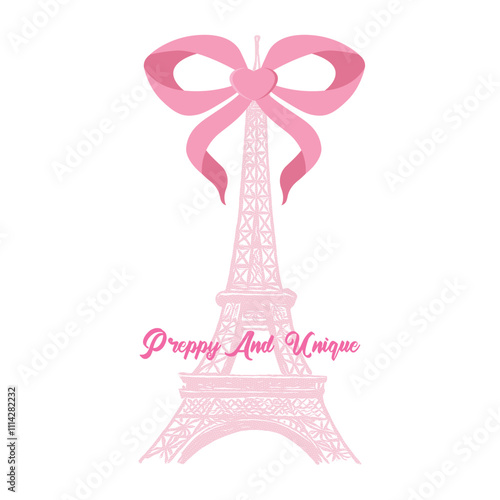 Pretty vibes pink Eiffel Tower and bow ribbon Vector illustration design for fashion, tee, t shirt, print, poster, graphic, background.Coquette bows, Bow tie t shirt design for girl, ladies and women