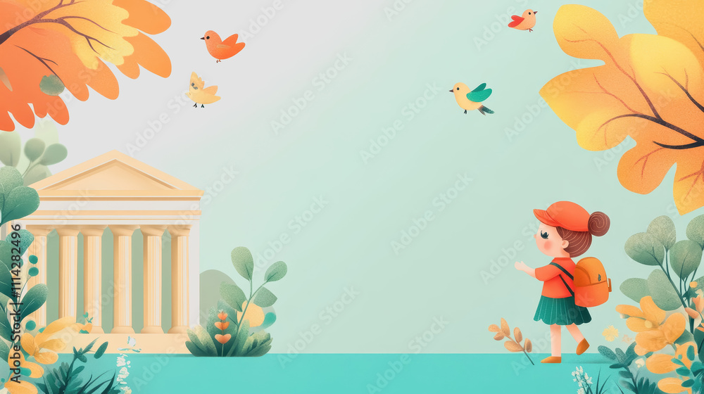 Fototapeta premium Colorful Illustration of a Young Girl with a Backpack, Surrounded by Autumn Foliage and Playful Birds Near a Classic Architectural Structure