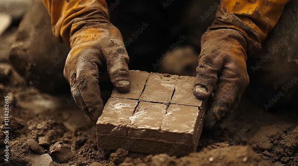 Gloved Hands Shaping Clay Brick Segments Gloved Hands Shaping Clay Brick Segments