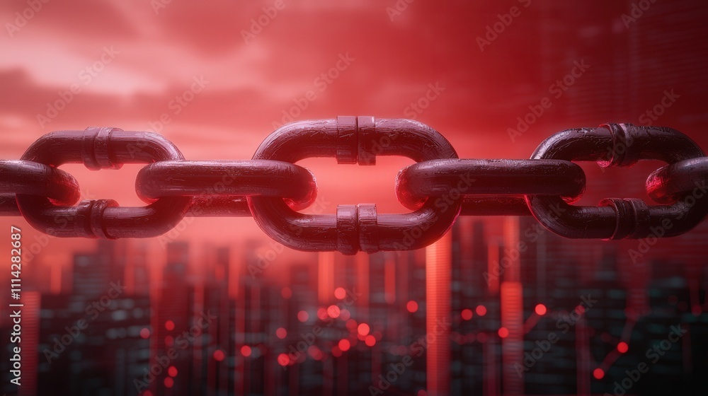 Naklejka premium Debt crisis, Global, Economics. Industrial chain against a red urban backdrop
