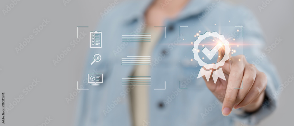 custom made wallpaper toronto digitalCertification and standardization process, iso certified business, conformity to international standards and quality assurance concept. Person touching certificate icon...