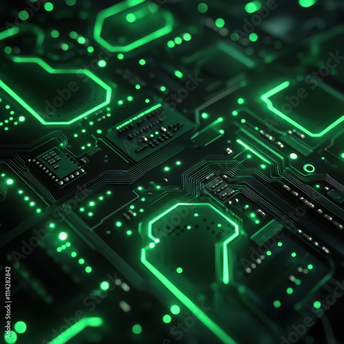 A close-up of a glowing green circuit board, highlighting intricate electronic components and pathways, Ideal for technology articles, design projects, or digital innovation themes,