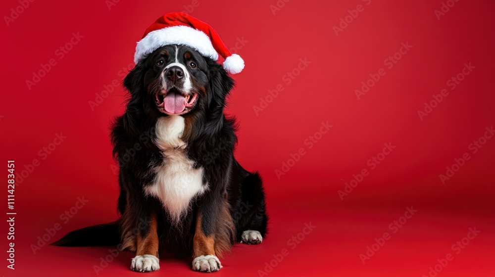 A playful black Bernese Mountain Dog in a Santa Claus hat, sitting on a vivid red background, gazing directly at the camera A playful black Bernese Mountain Dog in a Santa Claus hat, sitting on a vivid red background, gazing directly at the camera