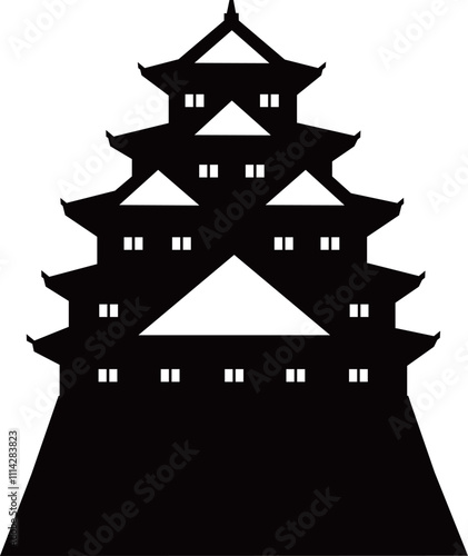 日本の城　五重五階の天守の白黒シルエットイラスト