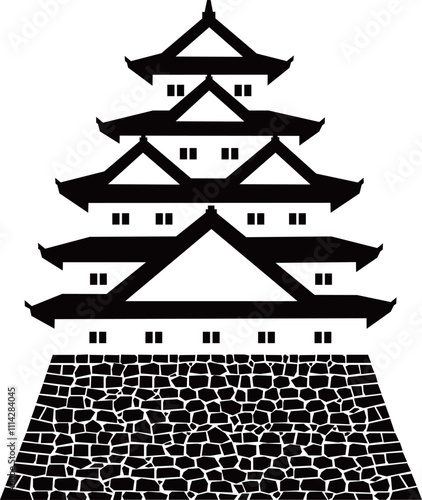 日本の城　五重五階の天守の白黒イラスト