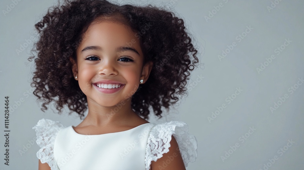 Adorable young child with natural curly hair and bright genuine smile wearing white lace dress against neutral background, radiating pure joy and innocence in studio portrait Adorable young child with natural curly hair and bright genuine smile wearing white lace dress against neutral background, radiating pure joy and innocence in studio portrait