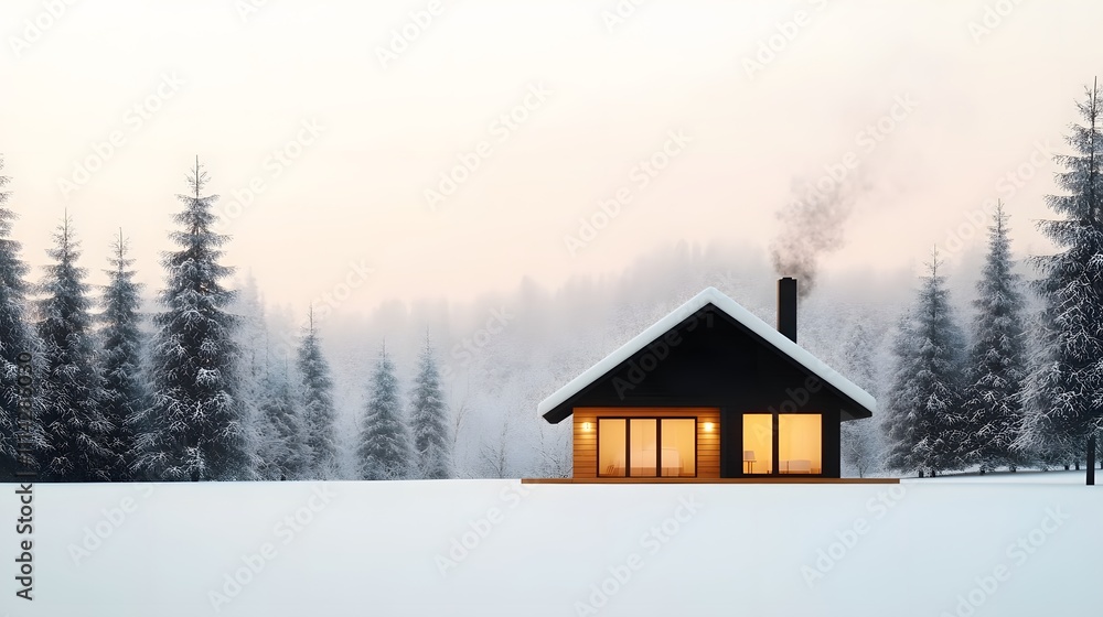 A serene cabin in a snowy forest with smoke rising from the chimney, offering a peaceful getaway vibe A serene cabin in a snowy forest with smoke rising from the chimney, offering a peaceful getaway vibe