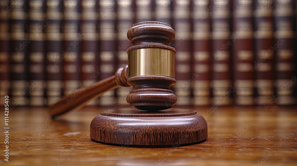 Wooden Gavel Rests on Sound Block Before Law Books Wooden Gavel Rests on Sound Block Before Law Books