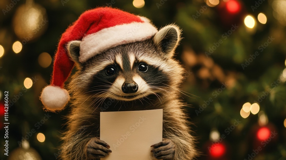 Adorable raccoon in a Santa hat holding a blank paper, illuminated by the soft glow of a New Year tree in the background Adorable raccoon in a Santa hat holding a blank paper, illuminated by the soft glow of a New Year tree in the background
