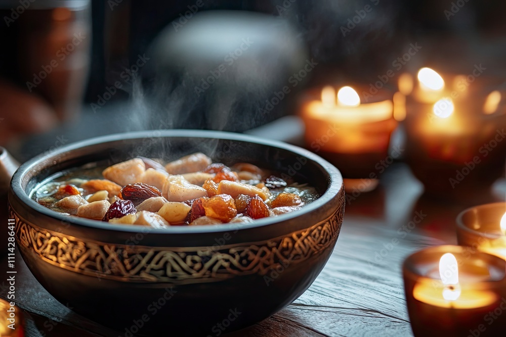 Fototapeta premium Ramadan Kareem and iftar muslim food, holiday concept. Bowl with dried dates and latterns with candles. Celebration idea 