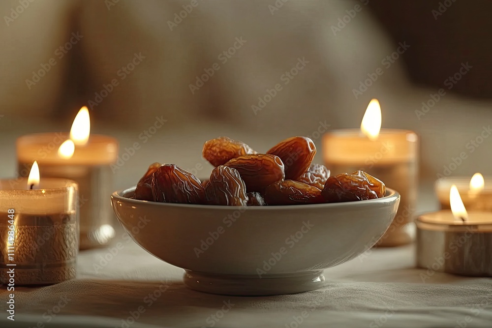 Obraz premium Ramadan Kareem and iftar muslim food, holiday concept. Bowl with dried dates and latterns with candles. Celebration idea