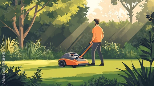 Man mowing lawn in lush garden; vibrant illustration. photo