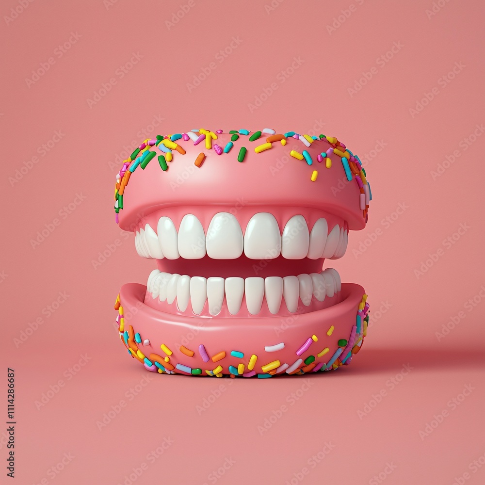Health warning report. Whimsical teeth in a pink macaron design Health warning report. Whimsical teeth in a pink macaron design