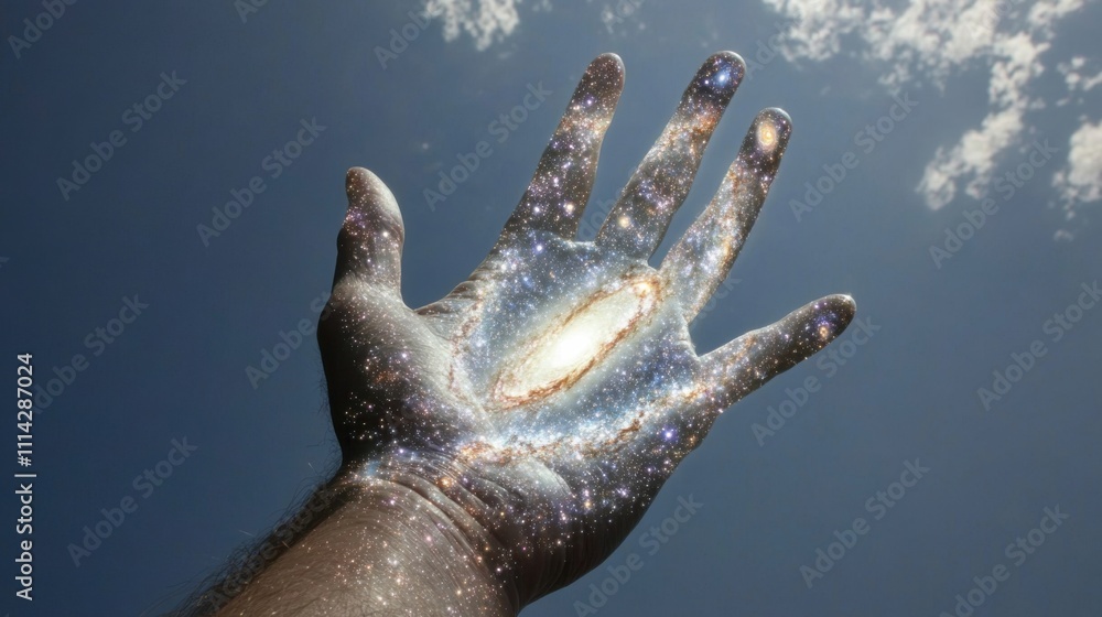 Hand reaching towards a cosmic galaxy in a bright blue sky with scattered clouds