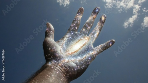 Obraz na płótnie Hand reaching towards a cosmic galaxy in a bright blue sky with scattered clouds w salonie