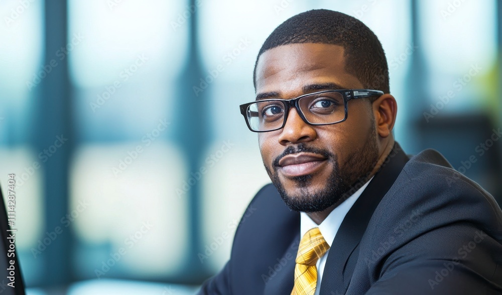 Confident man in glasses with a stylish suit and yellow tie in an office setting. Confident man in glasses with a stylish suit and yellow tie in an office setting.