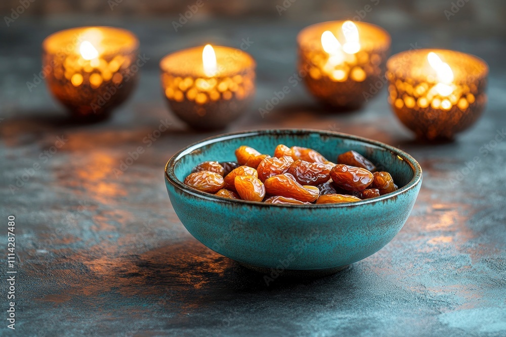 Fototapeta premium Ramadan Kareem and iftar muslim food, holiday concept. Bowl with dried dates and latterns with candles. Celebration idea 