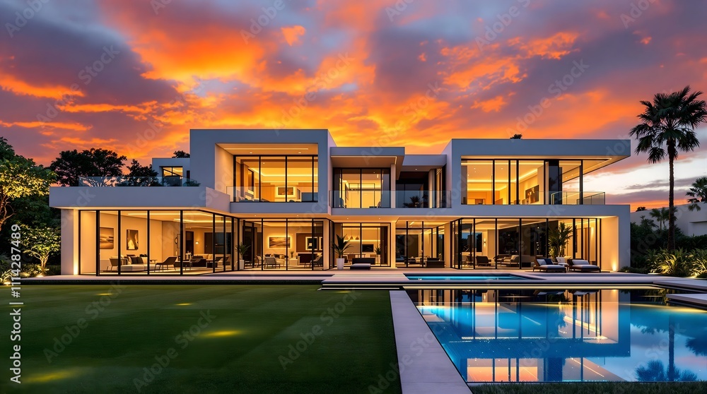Fototapeta premium contemporary luxury villa with swimming pool at sunset, generative AI