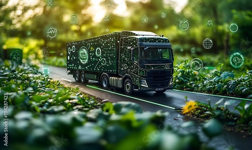 Green eco truck on the road with green city map and icons. photo