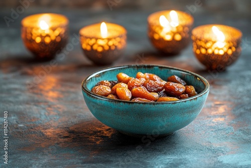 Ramadan Kareem and iftar muslim food, holiday concept. Bowl with dried dates and latterns with candles. Celebration idea  photo