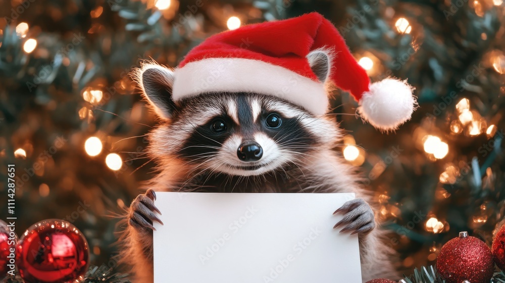 Cozy holiday scene: raccoon in a Santa hat with a blank white paper, framed by a sparkling New Year tree in the background Cozy holiday scene: raccoon in a Santa hat with a blank white paper, framed by a sparkling New Year tree in the background