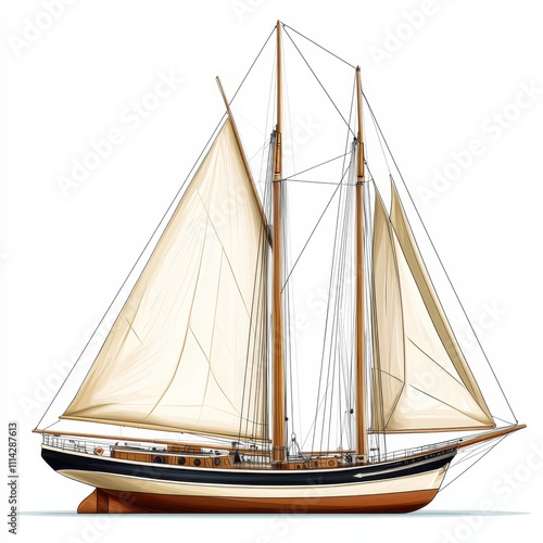 Isolated on a white background, this detailed illustration depicts a classic yawl with two masts and a unique hull design. photo