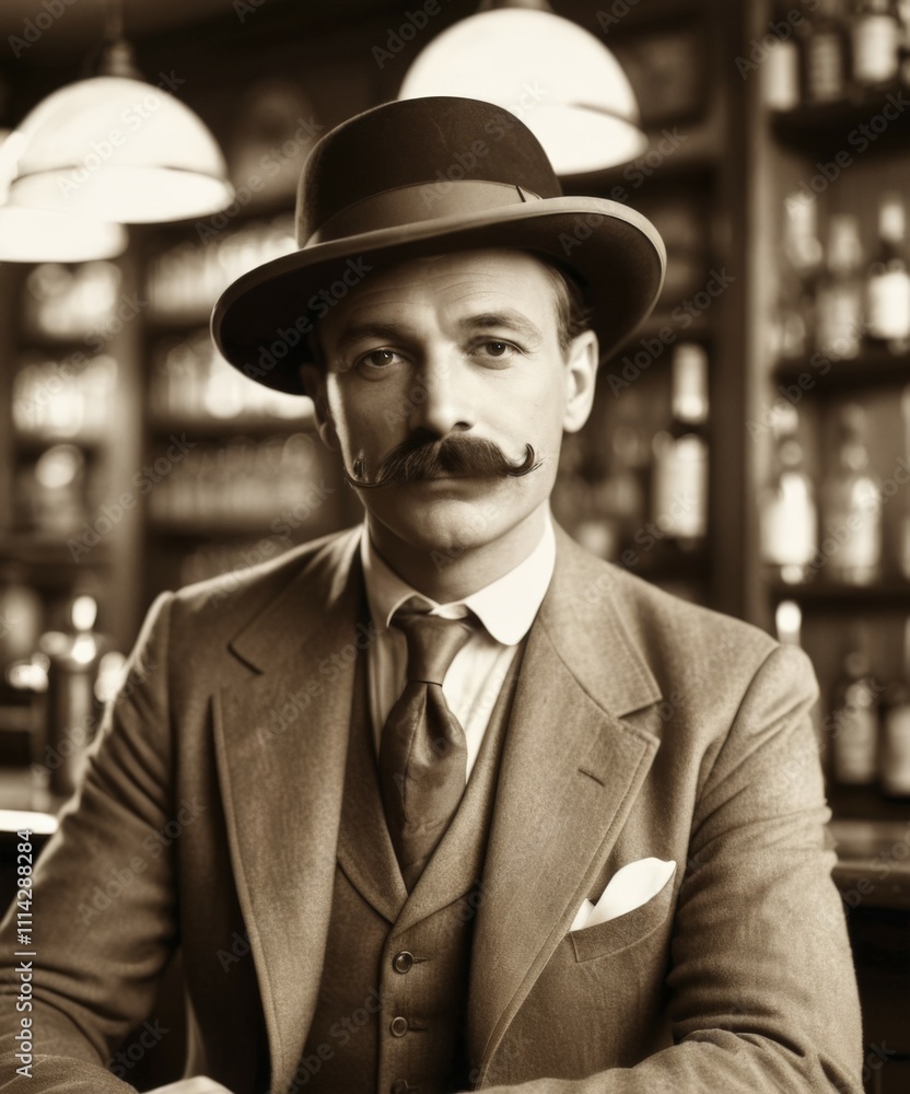 Retro gentleman with mustache and bowler hat sitting at vintage wooden bar counter Retro gentleman with mustache and bowler hat sitting at vintage wooden bar counter