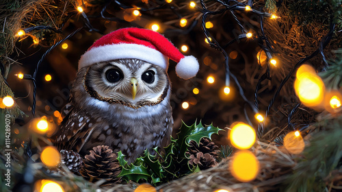 festive owl wearing Santa hat surrounded by twinkling lights and pinecones creates joyful holiday atmosphere. This charming scene captures spirit of Christmas photo