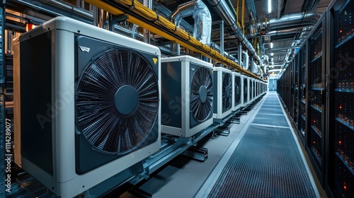 Large industrial air conditioners are working to cool a server room in a data center