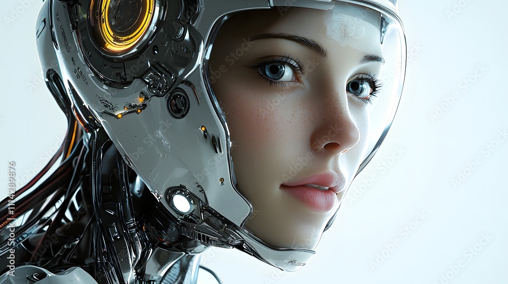 Fototapeta premium Female Human-Robot Face with a Clear Background for Copy