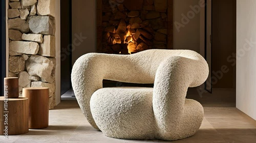 White cozy soft armchair. Interior design of living room, warm minimalism, wabi sabi style