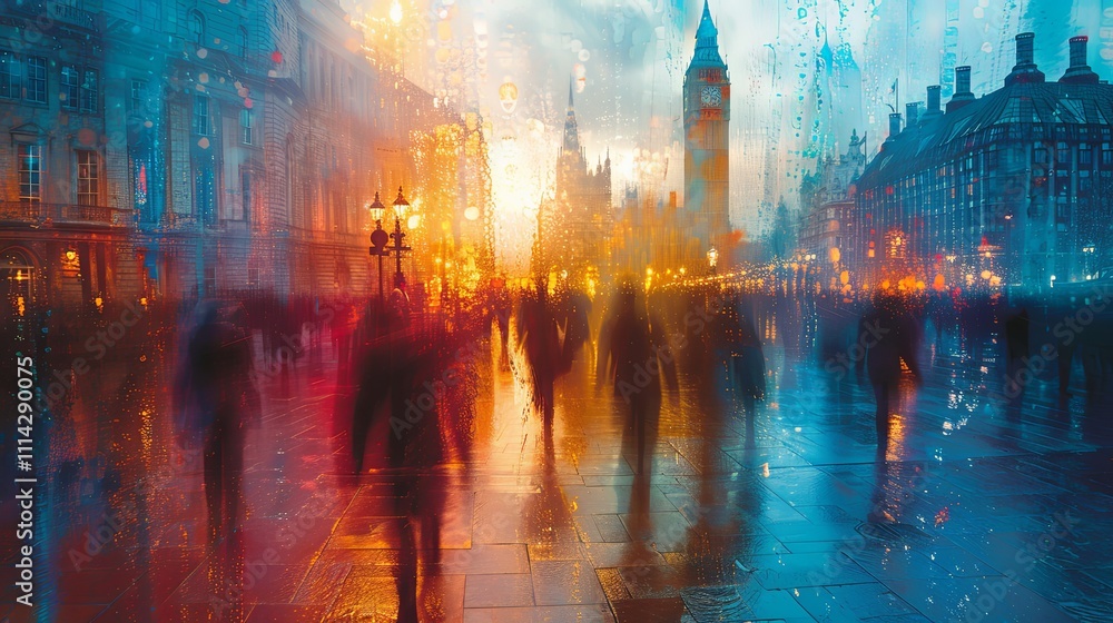 A lively, impressionistic cityscape with blurred figures in motion, tall buildings rising on either side. Colors blend together to capture the fast-paced energy of urban life A lively, impressionistic cityscape with blurred figures in motion, tall buildings rising on either side. Colors blend together to capture the fast-paced energy of urban life