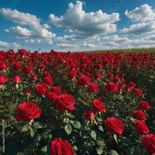 A field filled with red roses under a bright blue sky.