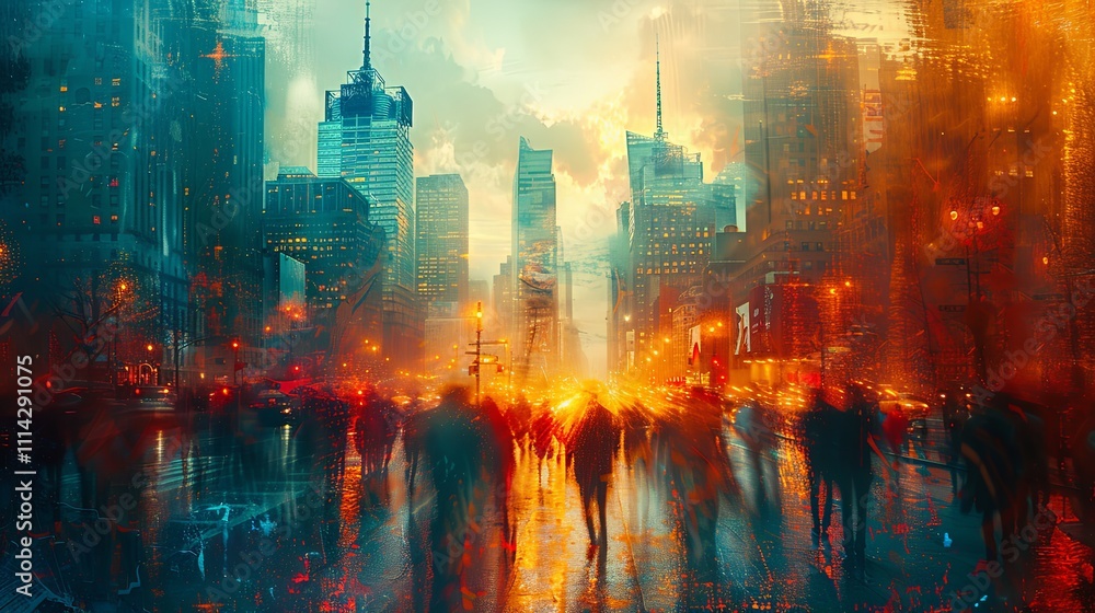 A lively, impressionistic cityscape with blurred figures in motion, tall buildings rising on either side. Colors blend together to capture the fast-paced energy of urban life A lively, impressionistic cityscape with blurred figures in motion, tall buildings rising on either side. Colors blend together to capture the fast-paced energy of urban life