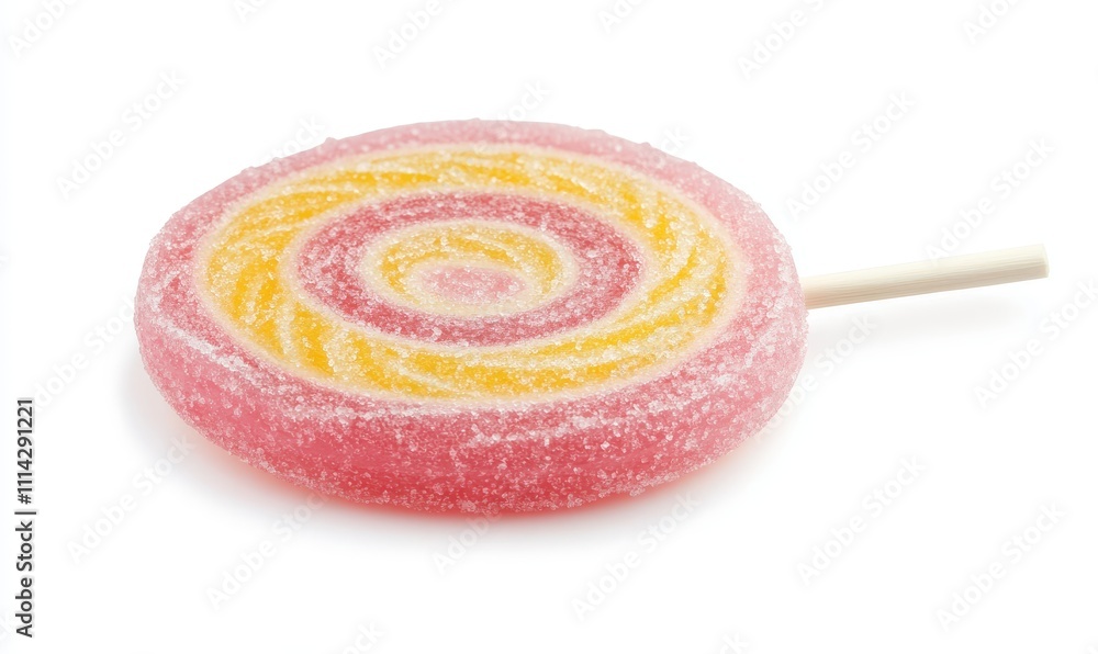 Vibrant pink and yellow candy on a stick in a spiral shape, isolated on a white background. Round sugar treat on a plastic stick. Vibrant pink and yellow candy on a stick in a spiral shape, isolated on a white background. Round sugar treat on a plastic stick.