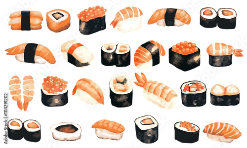 Hand drawn sushi vector. Vector separated on transparent background, oriental, Japanese food. Uramaki, Hosomaki, Futomaki, Temaki, Gunkan.