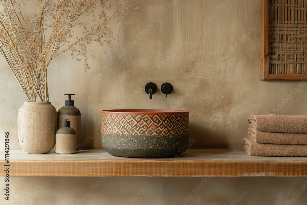 A round handcrafted pottery wash basin in earth-tone colors, featuring traditional floral patterns. The basin rests on a white marble countertop A round handcrafted pottery wash basin in earth-tone colors, featuring traditional floral patterns. The basin rests on a white marble countertop