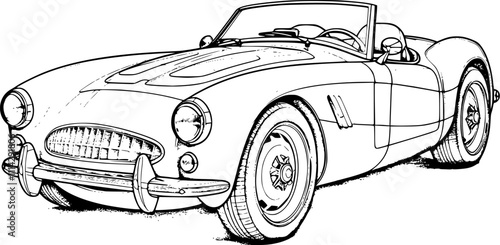 Abstract retro sports car in black and white ink drawing style, adult coloring book