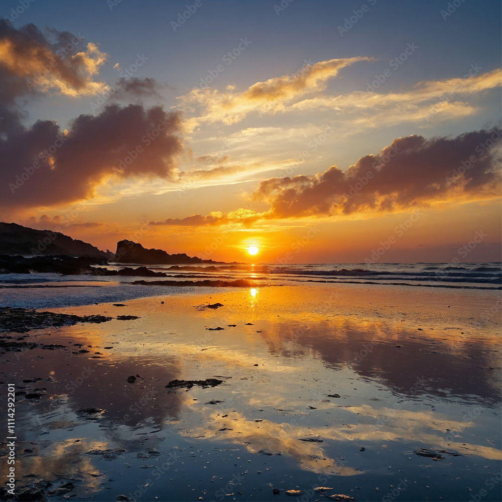 Obraz premium Late sunset over the Beach, beautiful colorful panoramic view, generated ai