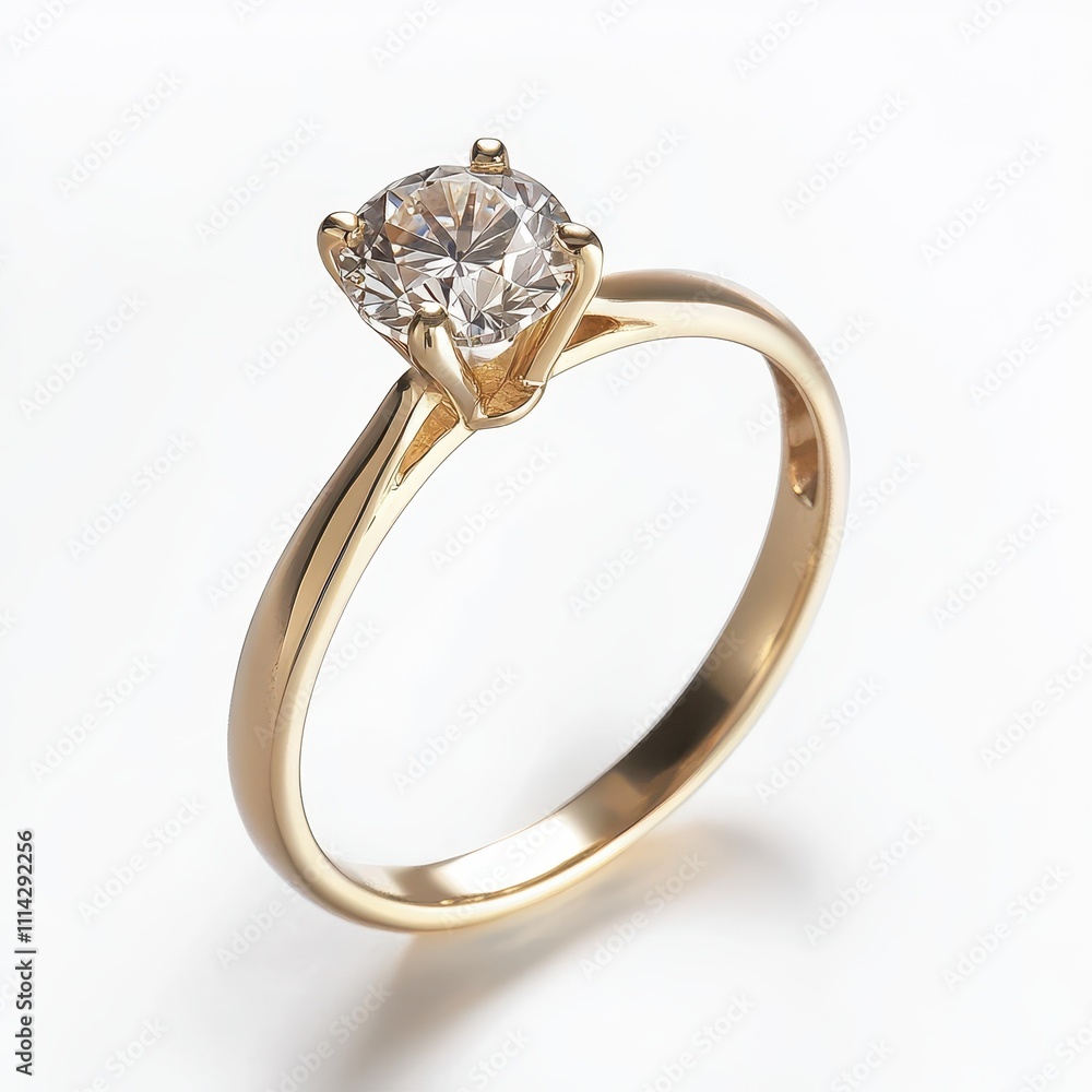A solitary, yellow gold, engagement diamond ring is isolated on a white background. A solitary, yellow gold, engagement diamond ring is isolated on a white background.