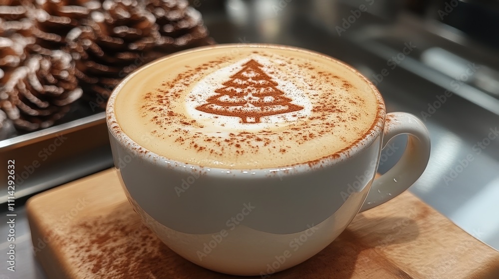Cup of cappuccino topped with cinnamon milk froth featuring a Christmas tree symbol, perfect for festive brunches Cup of cappuccino topped with cinnamon milk froth featuring a Christmas tree symbol, perfect for festive brunches