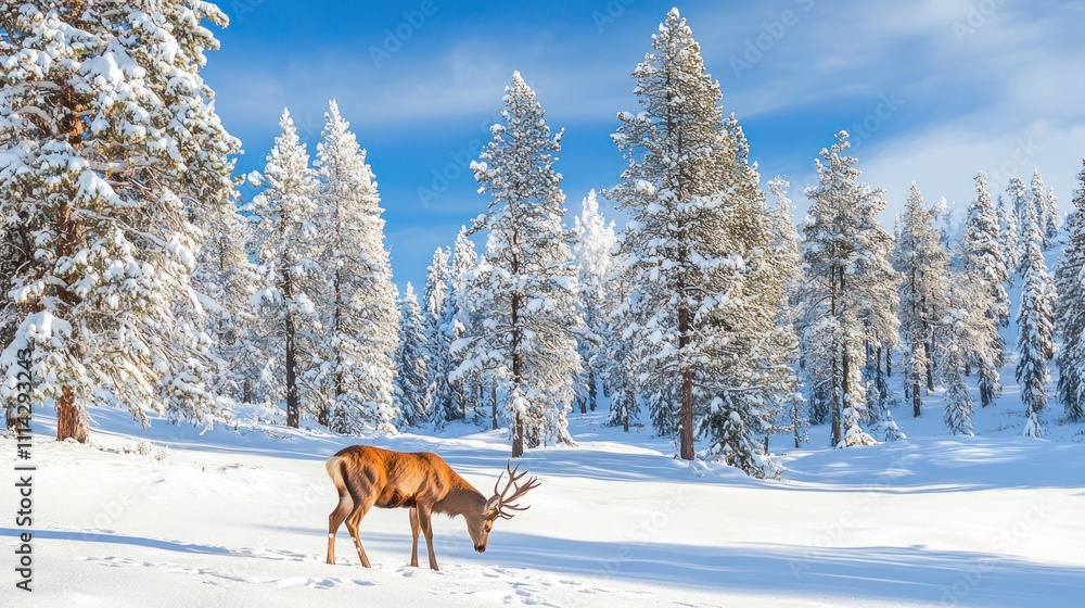 A lone deer grazing on snow-covered ground, with tall pine trees dusted in snow and a crisp blue sky overhead A lone deer grazing on snow-covered ground, with tall pine trees dusted in snow and a crisp blue sky overhead