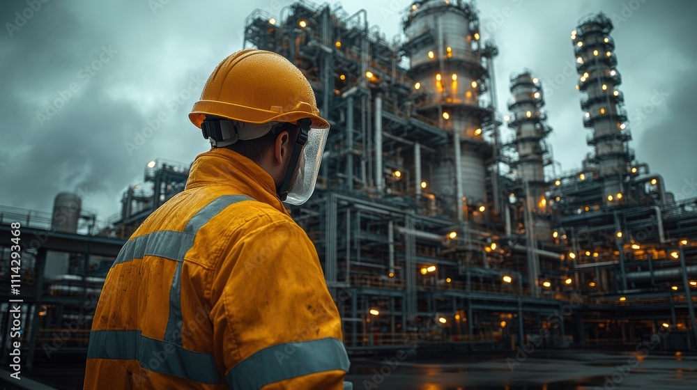 Industrial workers in orange safety gear inspecting complex refinery structures under cloudy skies, highlighting industrial infrastructure and professional safety standards. Industrial workers in orange safety gear inspecting complex refinery structures under cloudy skies, highlighting industrial infrastructure and professional safety standards.