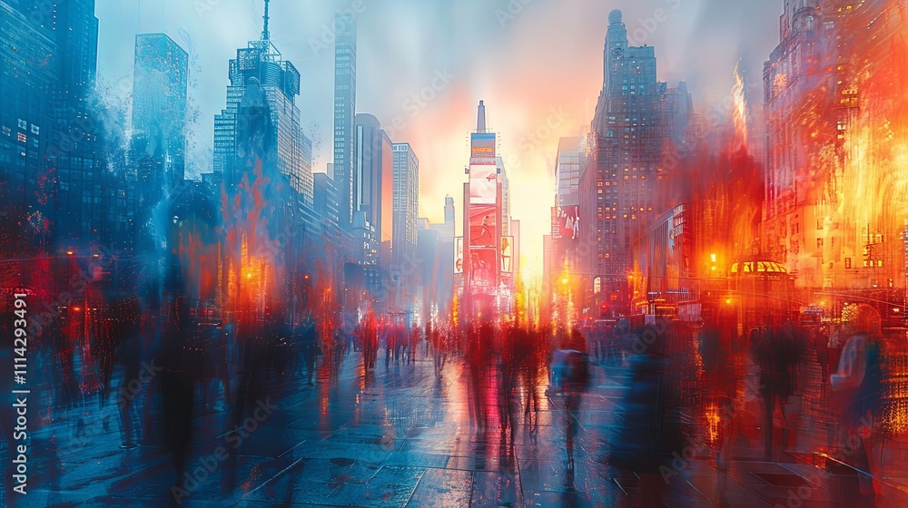 Obraz premium A lively, impressionistic cityscape with blurred figures in motion, tall buildings rising on either side. Colors blend together to capture the fast-paced energy of urban life